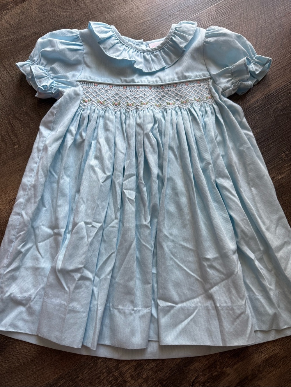 Smocked Light Blue Girls Dress with Ruffle Collar